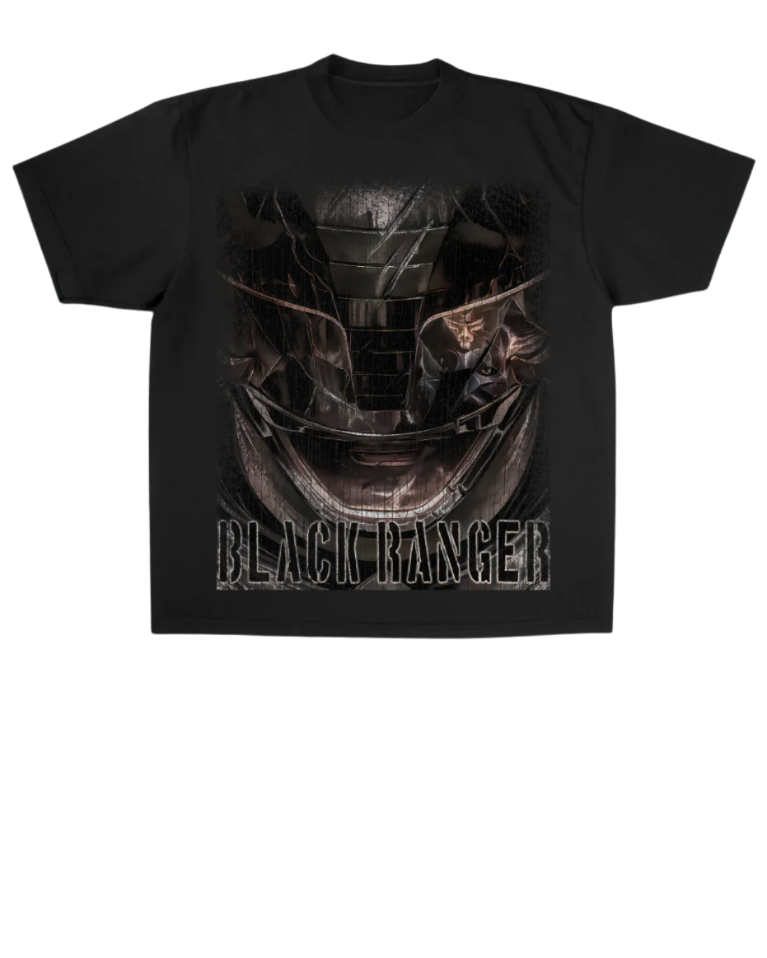 Black t-shirt with 'Black Ranger' graphic design on a textured gray background
