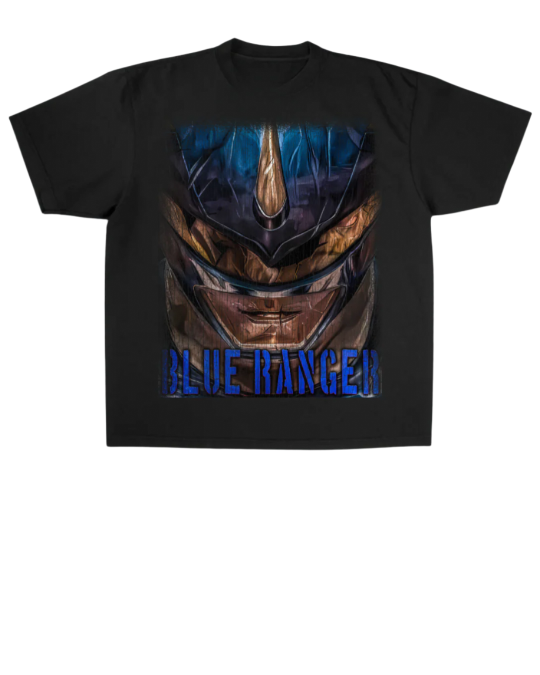Black t-shirt with a graphic of a helmet and 'Blue Ranger' text on a textured gray background.