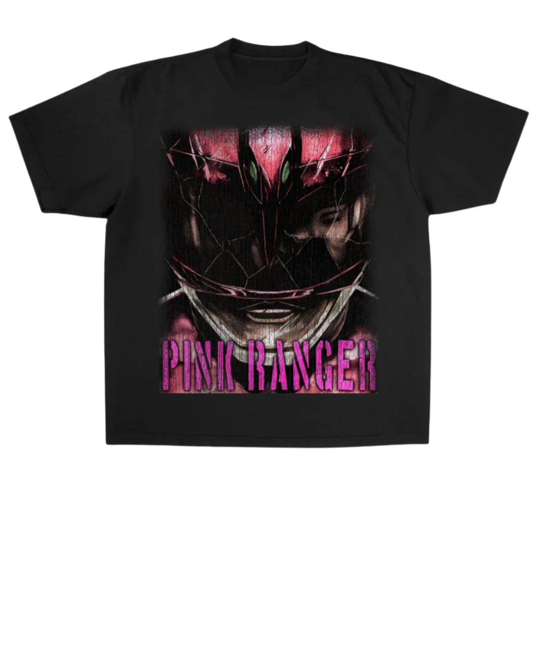 Black t-shirt with a graphic design of a character wearing a helmet and the text 'PINK RANGER' on a textured gray background.