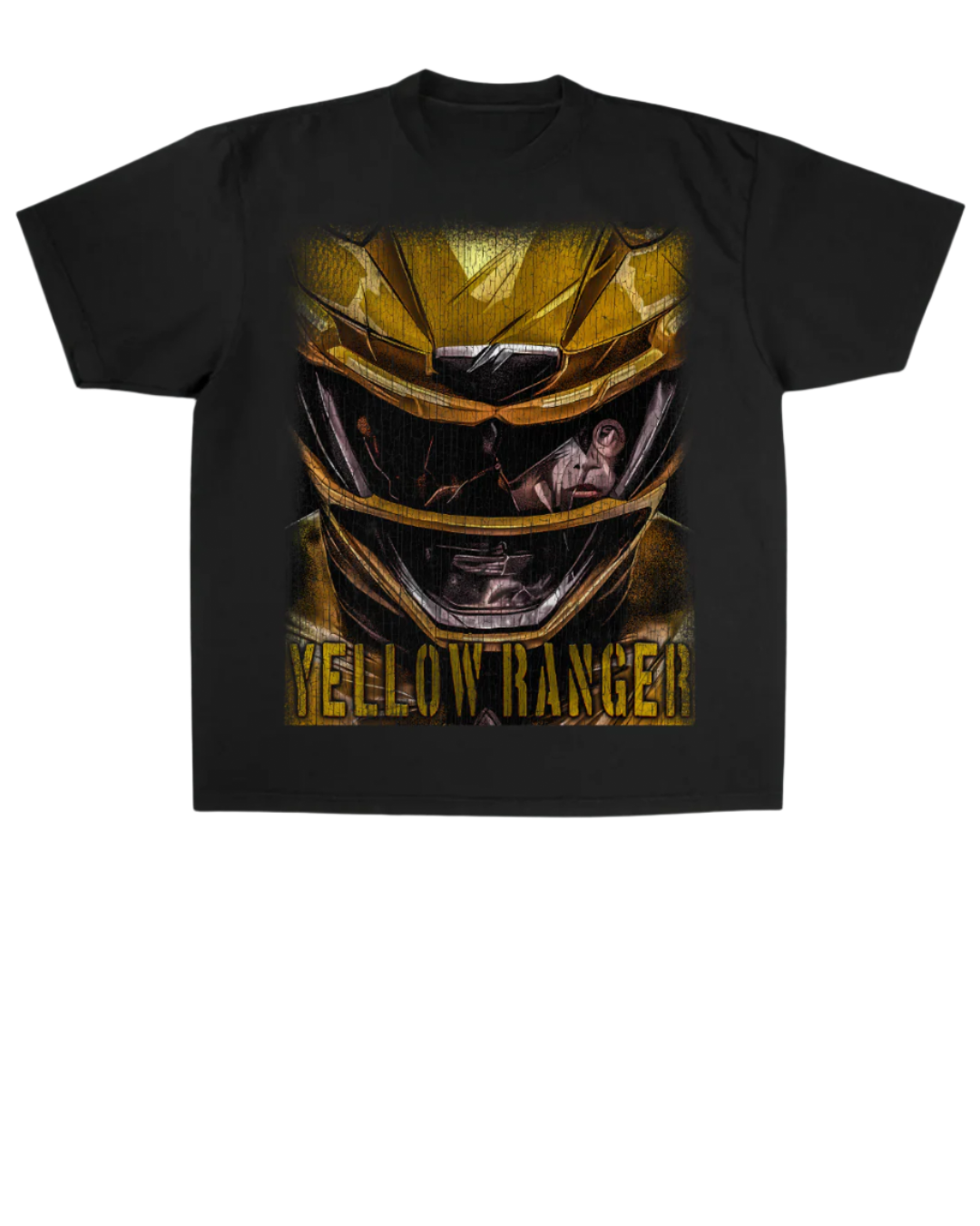Black t-shirt with a graphic of a yellow Power Ranger helmet and 'Yellow Ranger' text on a textured gray background.